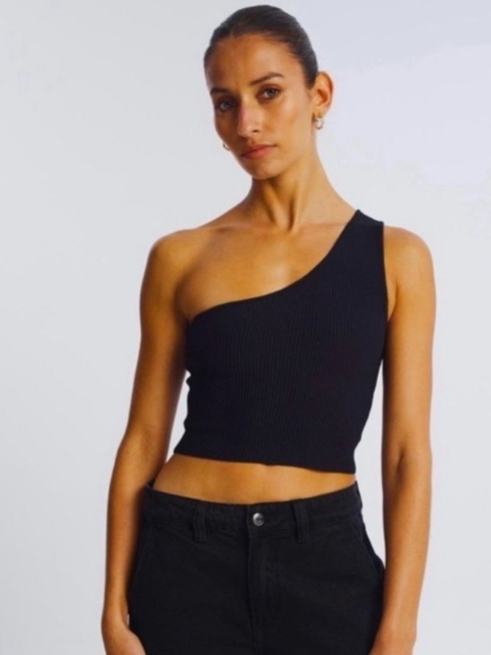 House of Harlow 1960 Asymmetrical One-Shoulder Black Ribbed Crop Tank, Size XS